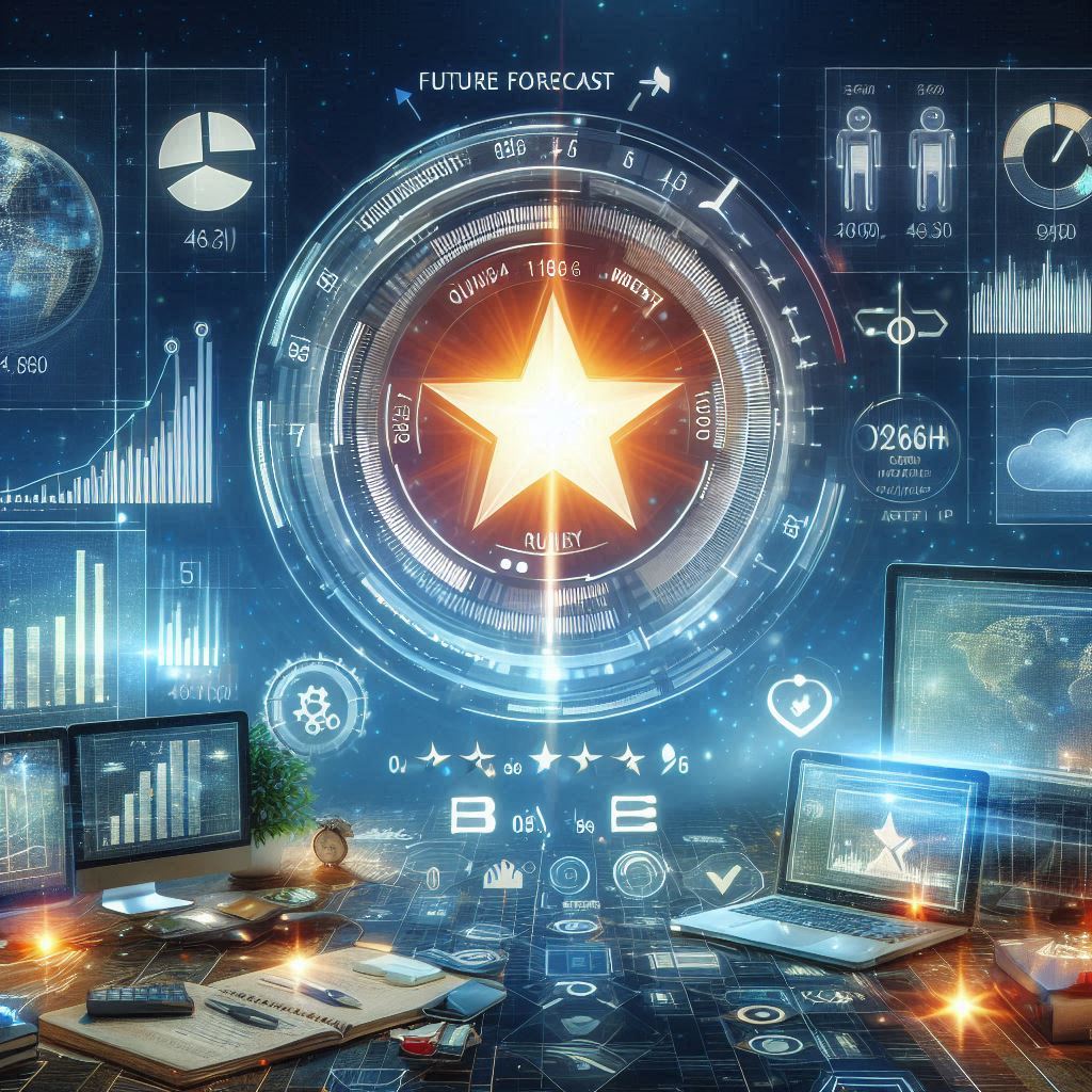 A futuristic image depicting the calculation of a future forecast for a quality star rating. Include some images of bar graphs, pie charts, computers, and cloud computing. The industry is healthcare.