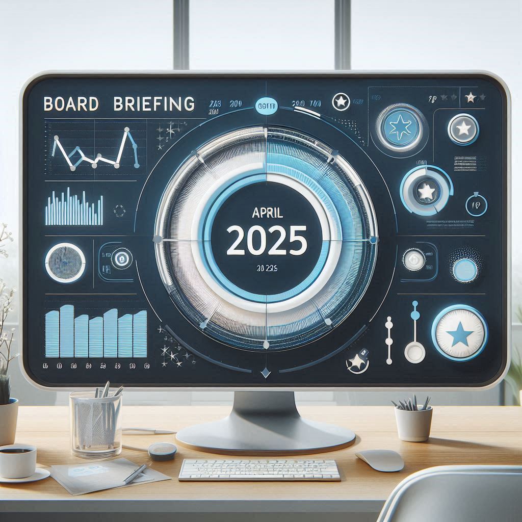 Modern corporate dashboard with April 2025 countdown. Large circular progress meter in blue and white. Professional icons for Board Briefings, Metrics, and Star Ratings. Clean healthcare aesthetic with minimalist design. Navy and light blue color scheme