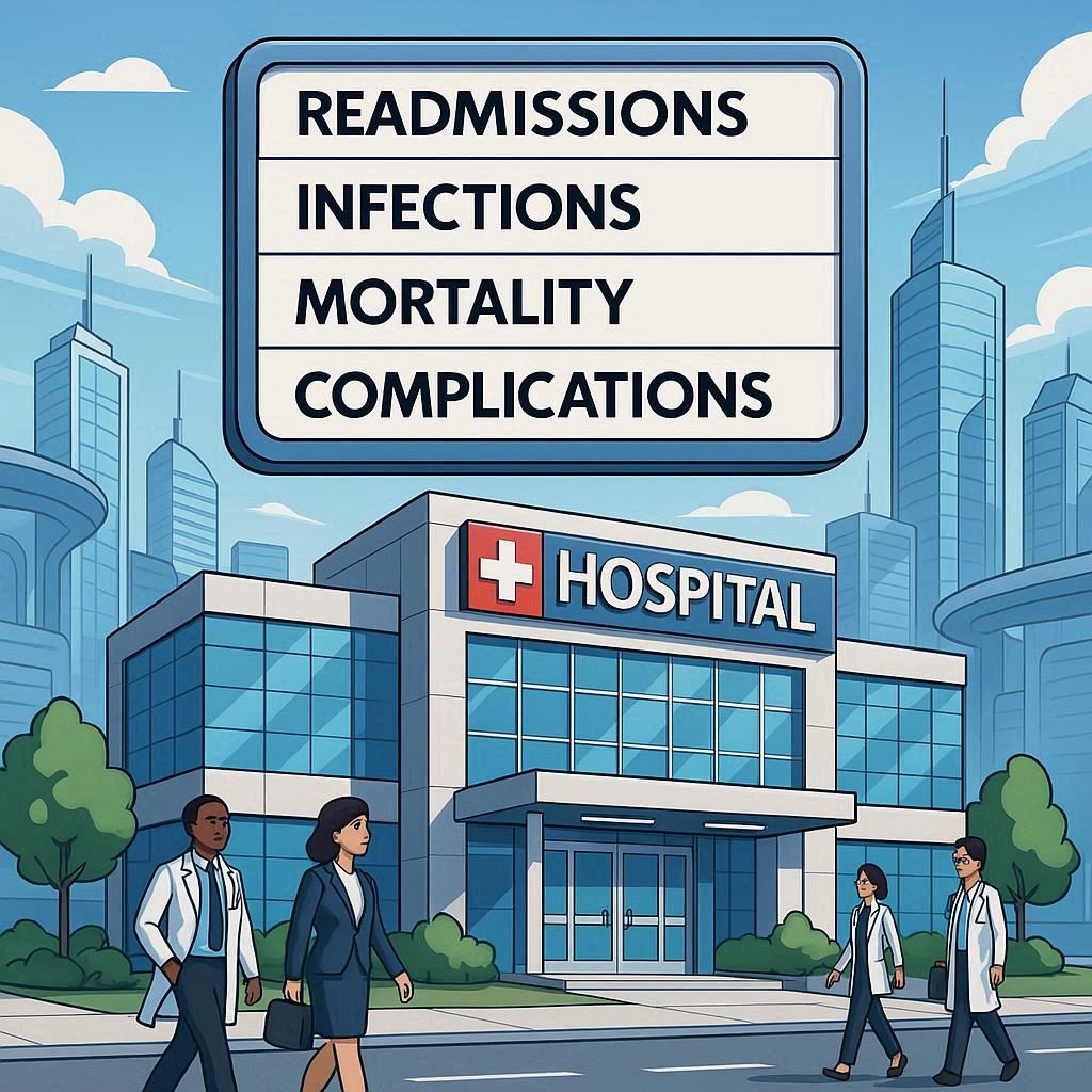 A futuristic, professional cartoon image of a city scene with a hospital. Behind and above the hospital is a scorecard with the words Readmissions, Infections, Mortality, and Complications on it.
