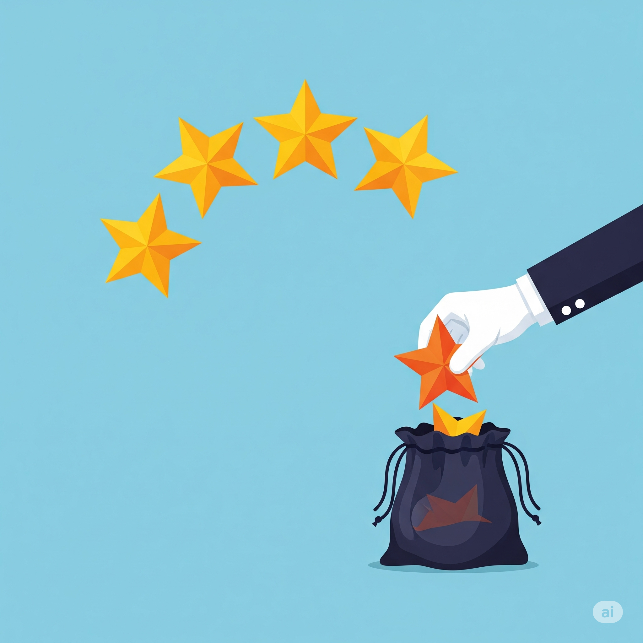 A professional cartoon-style illustration showing four hospital quality rating stars in an arch with empty space for an additional star floating in clean light blue background. Four stars remain bright golden-yellow and stationary in the arch. A fifth star is orange/red colored and is pulled downward by a white-gloved hand with suit sleeve into a dark navy drawstring bag, positioned mid-action to create visual tension. The bag is open an you can see parts of other orange stars in the bag. Clean, minimalist design with healthcare industry aesthetic suitable for LinkedIn and executive audiences.