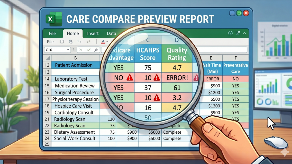 Cartoon illustration of a Care Compare Preview Report spreadsheet open on a desktop computer, with a magnifying glass revealing data errors including warning triangles and an ERROR cell in the Quality Rating column.