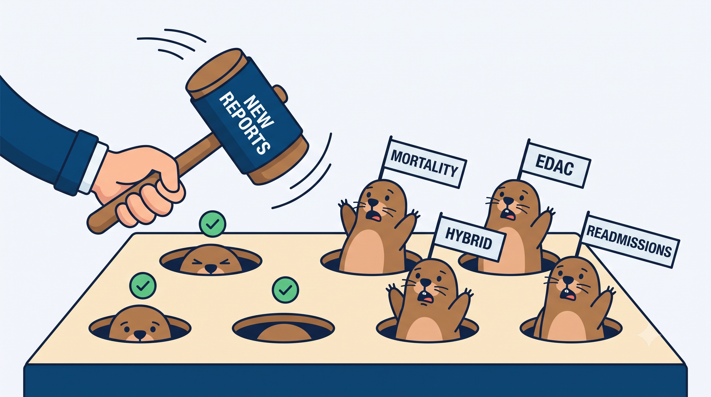 Cartoon illustration of a hand swinging a mallet labeled 'New Reports' at a whack-a-mole game, with moles labeled Mortality, EDAC, Hybrid, and Readmissions popping up while other holes show checkmarks for resolved issues.